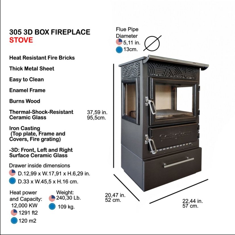 CALISKAN Krbová kamna UNA 3D-BOX - černá